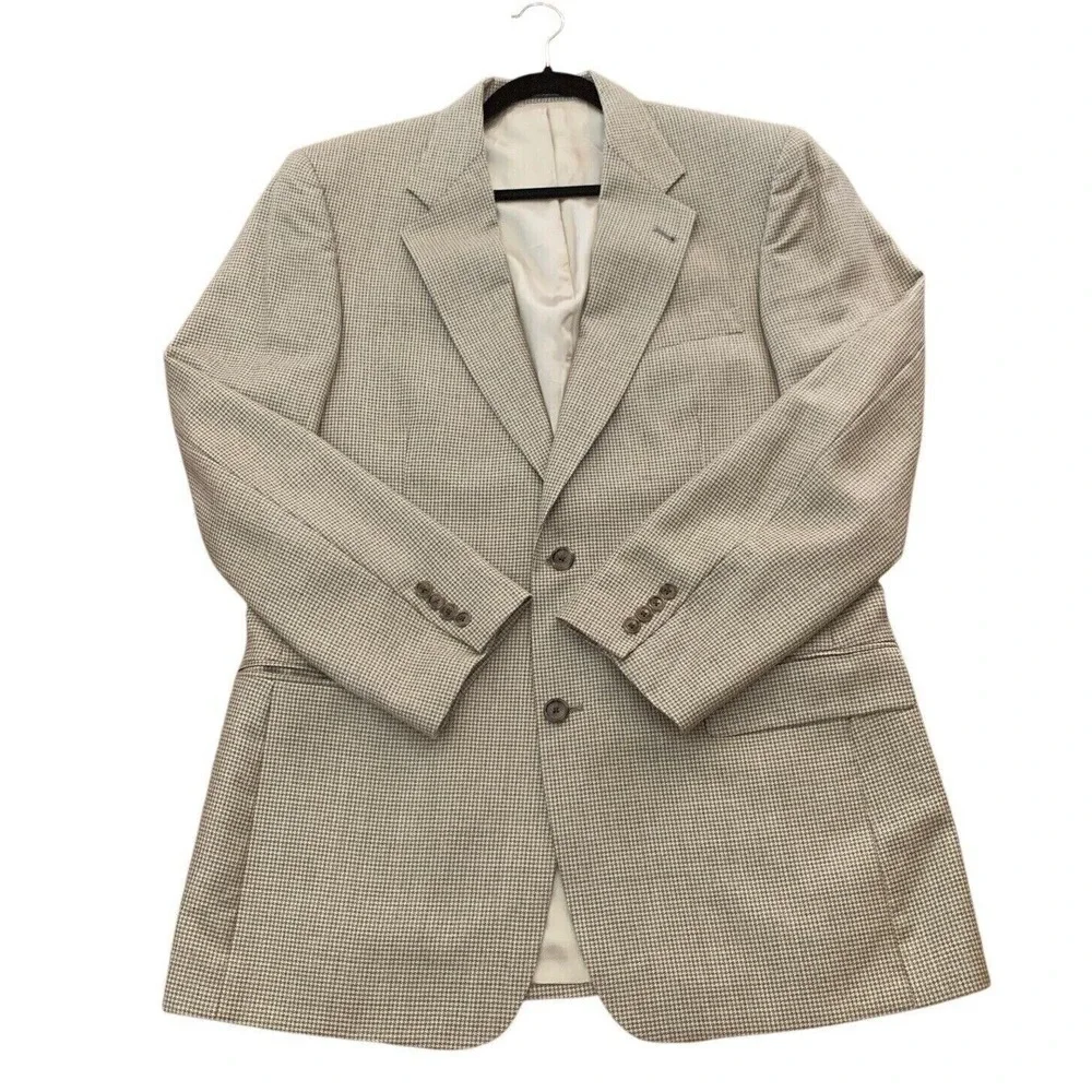 Palm‎ Beach Houndstooth Mens Beige Blazer Silk Wool Blend Sport Coat Jacket 42L